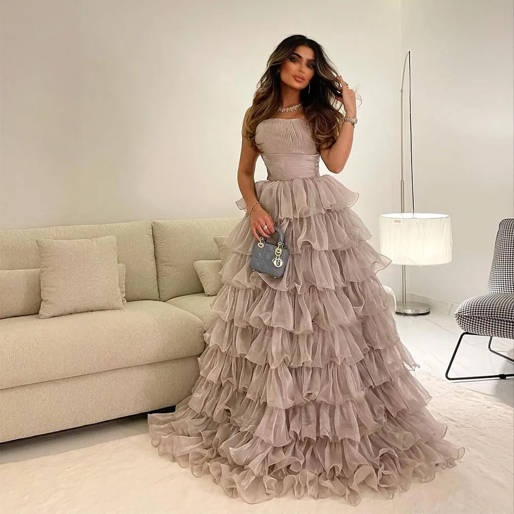 

Sevintage Saudi Arabic Tiered Ruffles Tulle Evening Dresses Strapless Sleeveless Pleat Ruched A-Line Prom Dress Party Gown 2023
