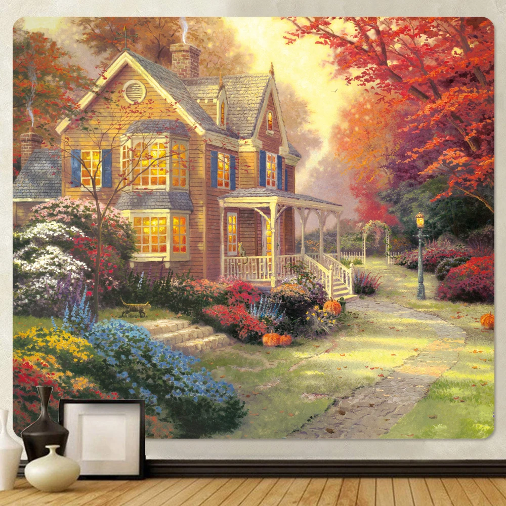 

Psychedelic Fairy Castletale Forest oil Painting Landscape Tapestry Bedroom Living Room Home Wall Hanging Decor Tapestries