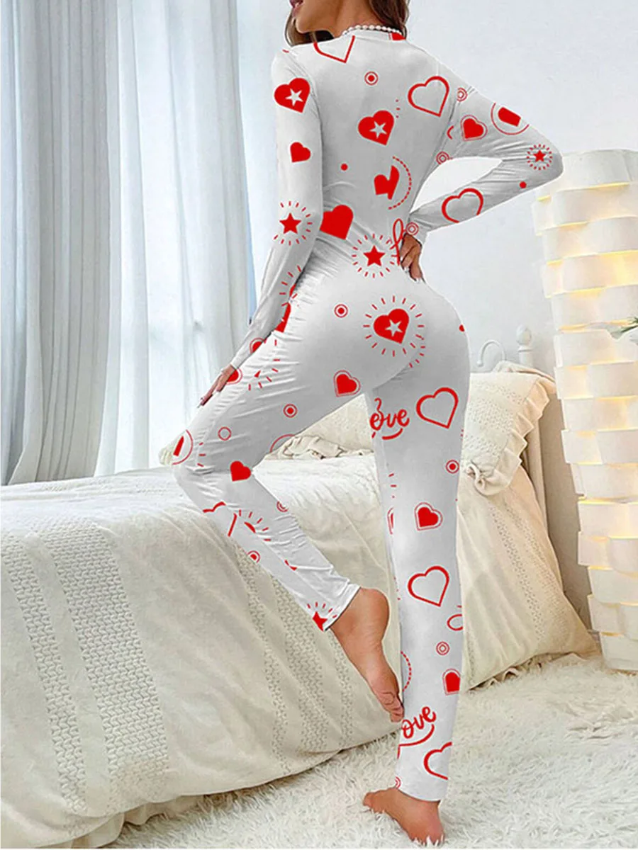 

Women Valentines Day Jumpsuit Long Sleeve V Neck Button Closure Letters Heart Print Bodysuit Loungewear Sleepwear