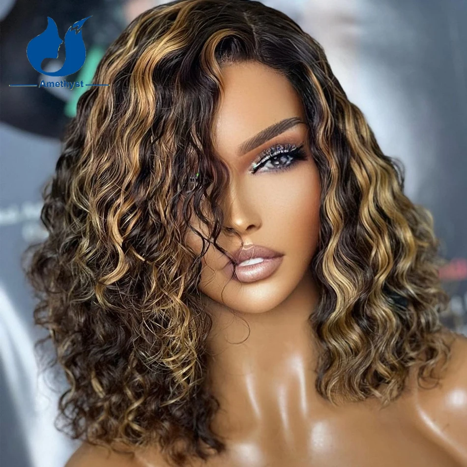 

Amethyst Curly Highlight 13x6 Lace Front Bob Wig Human Hair For Women Brazilian Remy Hair 5.5x4.5PU Silk Base Lace Closure Wig