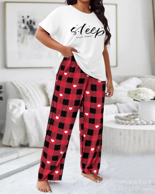Women's Casual Home Two-piece Summer Round Neck Short Sleeve T-shirt Top and Plaid Print High Waist Wide Leg Pants Suit Set
Women's Casual Home Two-piece Summer Round Neck Short Sleeve T-shirt Top and Plaid Print High Waist Wide Leg Pants Suit Set