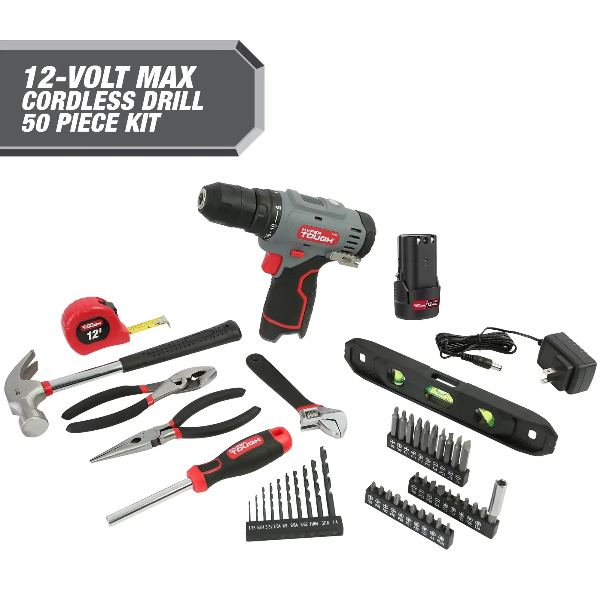 

Hyper Tough 12V Max* Lithium-Ion Cordless 3/8-Inch Drill Driver 50-Piece Project Kit and 1.5Ah Battery, Gifts For Mom and Dad