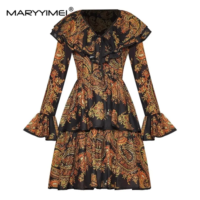 MARYYIMEI Fashion Designer Autumn Women's dress Flare Sleeve V-neck Ruffles Vintage Print Slim Dresses
MARYYIMEI Fashion Designer Autumn Women's dress Flare Sleeve V-neck Ruffles Vintage Print Slim Dresses
