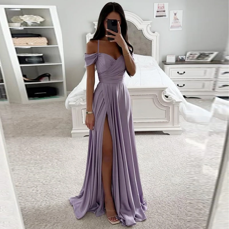 

Sexy Off Shoulder Satin Bridesmaid Dresses 2024 A Line Sweetheart Spaghetti Straps Long Pleated High Slit Wedding Guest Gowns