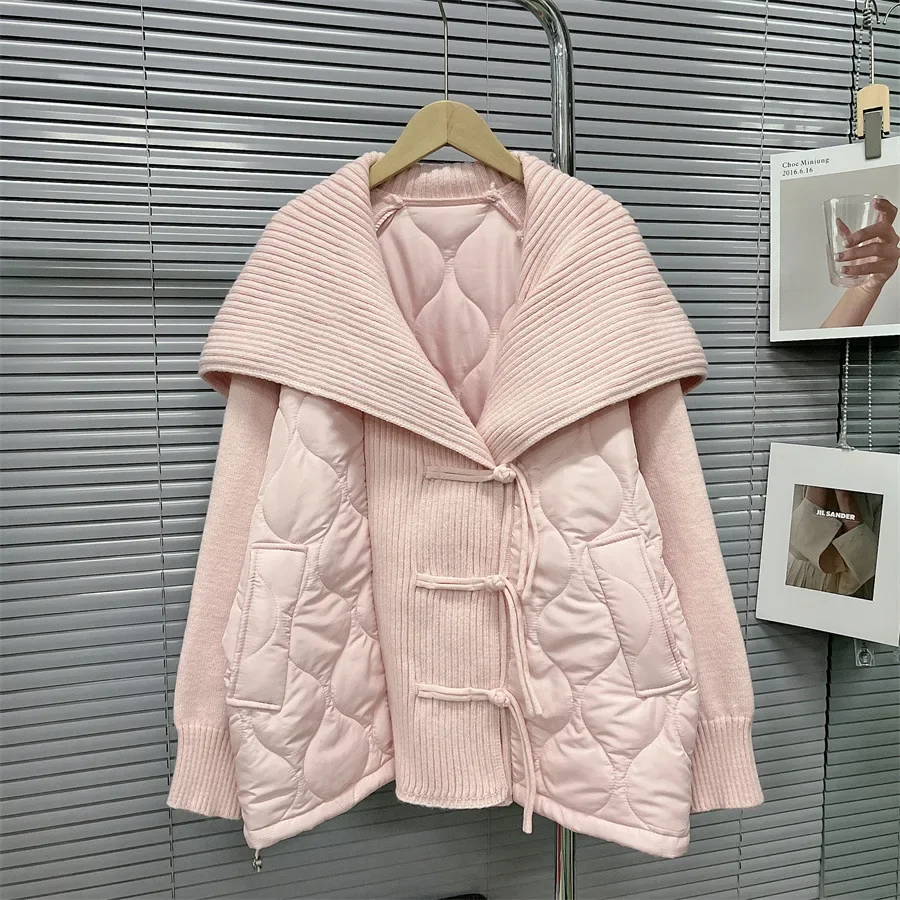 

QNPQYX Fashion Cardigan Casual Lapel Women Sweater Autumn Winter Loose Spliced Cotton Padded Female Cardigans Jacket Coat V neck