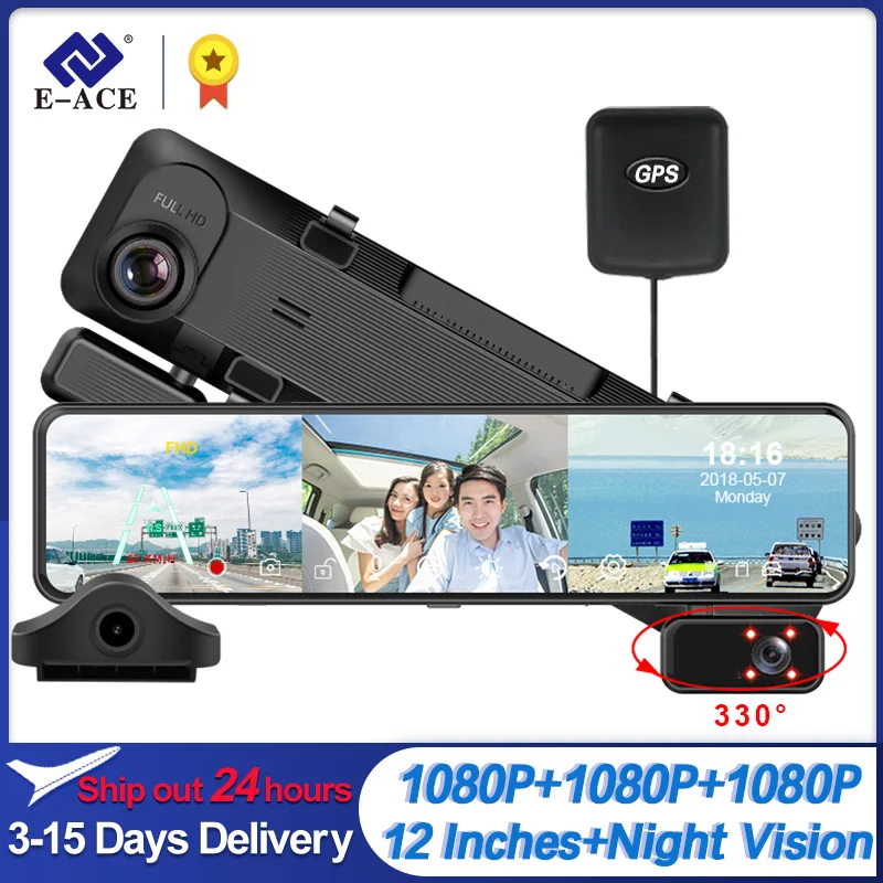 

E-ACE 3 Cameras Lens 12 Inch Car Dvr Mirror 1080P Rear Night Video Recorder Rearview Dashcam For Auto Support GPS Black Box