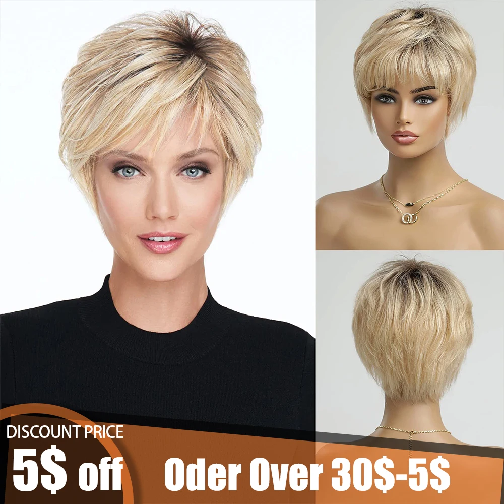 

Short Ombre Blonde 100% Human Hair Wigs for Women Afro Remy Wig with Bang Pixie Cut Layered Human Hair Machine Made Glueless Wig