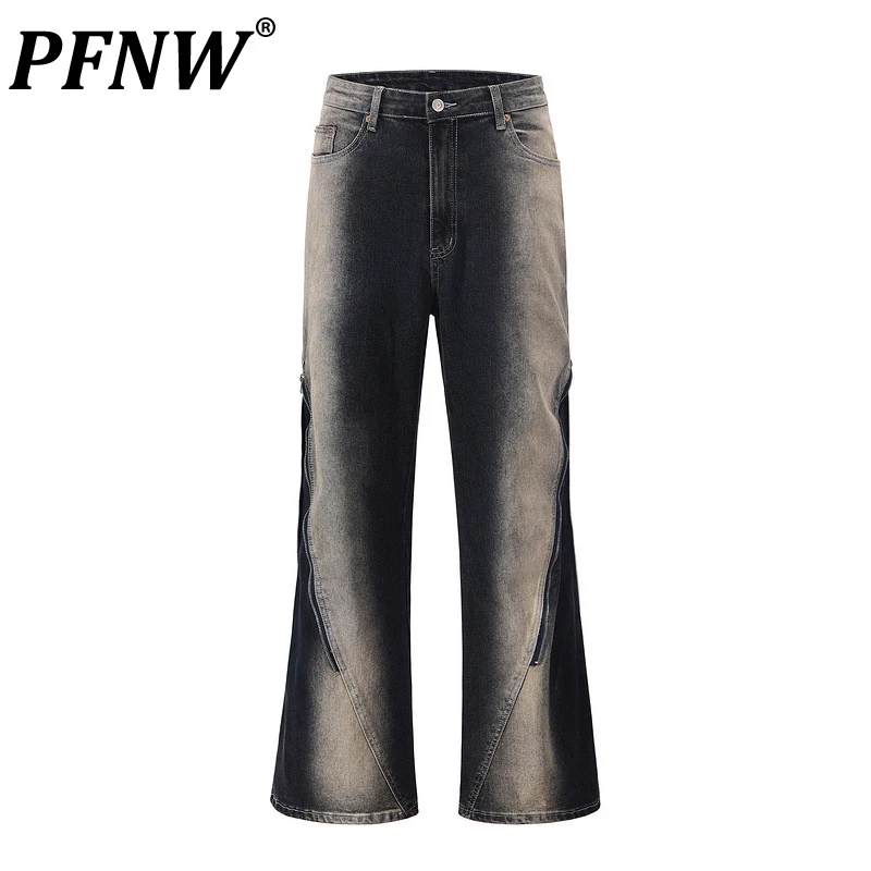 

PFNW Autumn New Men's High Street Spliced Zippers Wash Gradient Denim Pants Tide Techwear Wearproof Wide Leg Flare Jeans 12Z1868