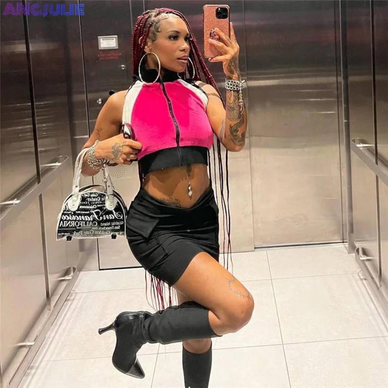 Женский топ без рукавов Angjulie Y2K, модная трендовая женская одежда 2022, повседневный облегающий пикантный наряд на молнии с подставкой в стиле пэчворк для женщин 
Женский топ без рукавов Angjulie Y2K, модная трендовая женская одежда 2022, повседневный облегающий пикантный наряд на молнии с подставкой в стиле пэчворк для женщин