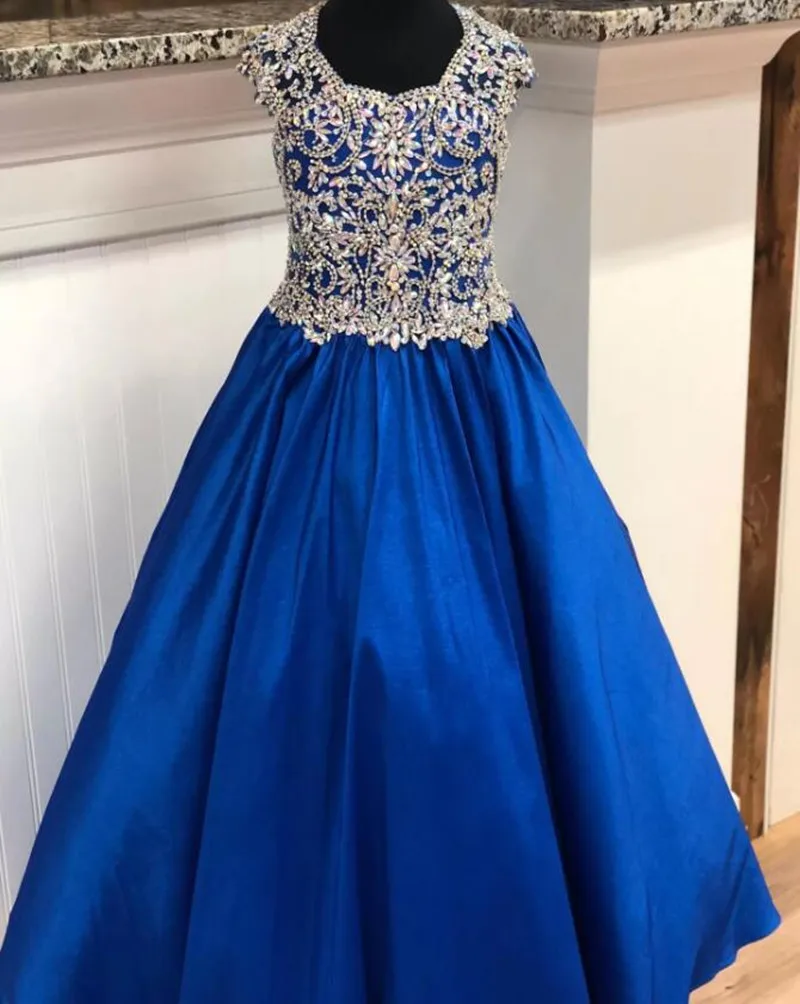 

Royal Blue Satin Pageant Dress for Teens Juniors Sparkle Bling Crystals Long Pageant Gown for Little Girl Party Dress