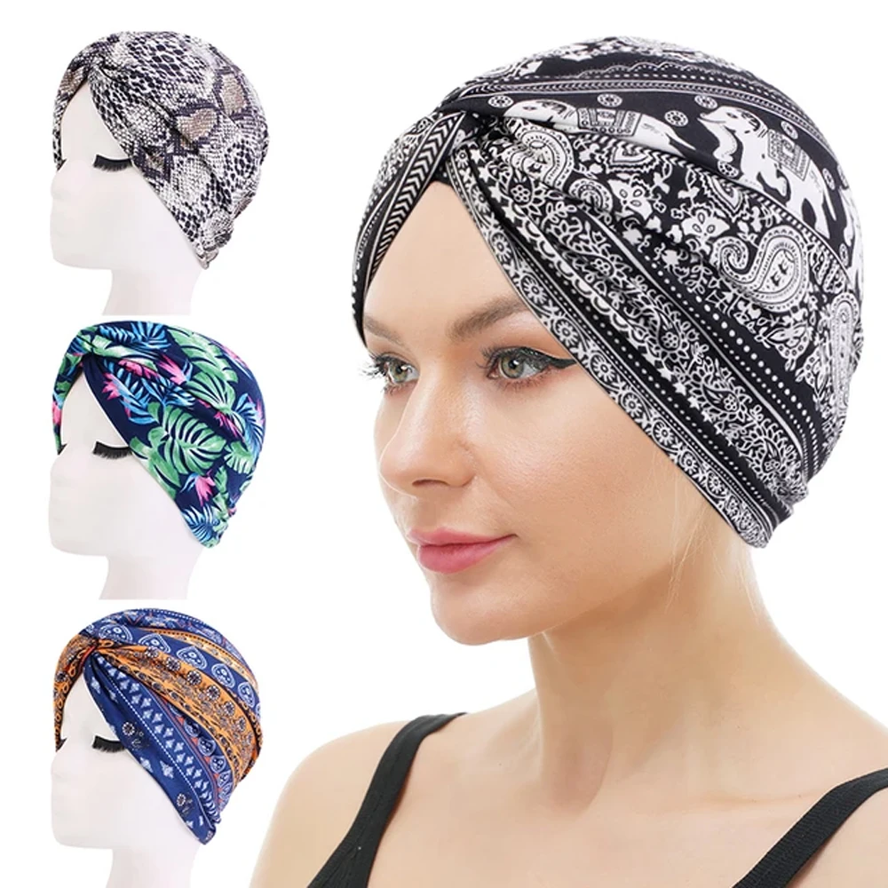 

African Indian Turban Women Print Chemo Cap Twist Knot Beanies Bonnet Islamic Headscarf Muslim Hijab Hair Loss Headwear Hat New