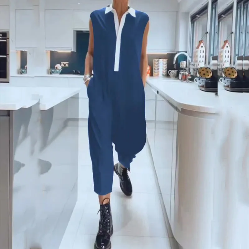 Women Elegant Turndown Collar Long Jumpsuit 2024 Casaul Sleeveless Pocket Loose Romper Fashion Colorblocking Playsuits Overalls
Women Elegant Turndown Collar Long Jumpsuit 2024 Casaul Sleeveless Pocket Loose Romper Fashion Colorblocking Playsuits Overalls