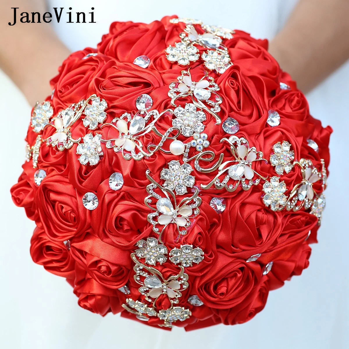 

JaneVini Luxury Crystal Red Bouquet Rhinestone Jewelry Handmade Roses Bridal Bouquets for Wedding Bride Flowers Ramo De Boda
