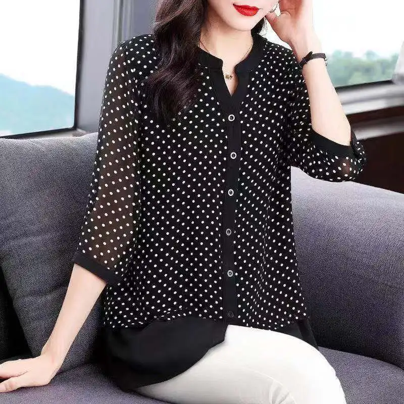

Spring Summer Polka Dot Printed Blouse Women's Clothing Casual Single-breasted Commute O-Neck 3/4 Sleeve All-match Loose Shirt