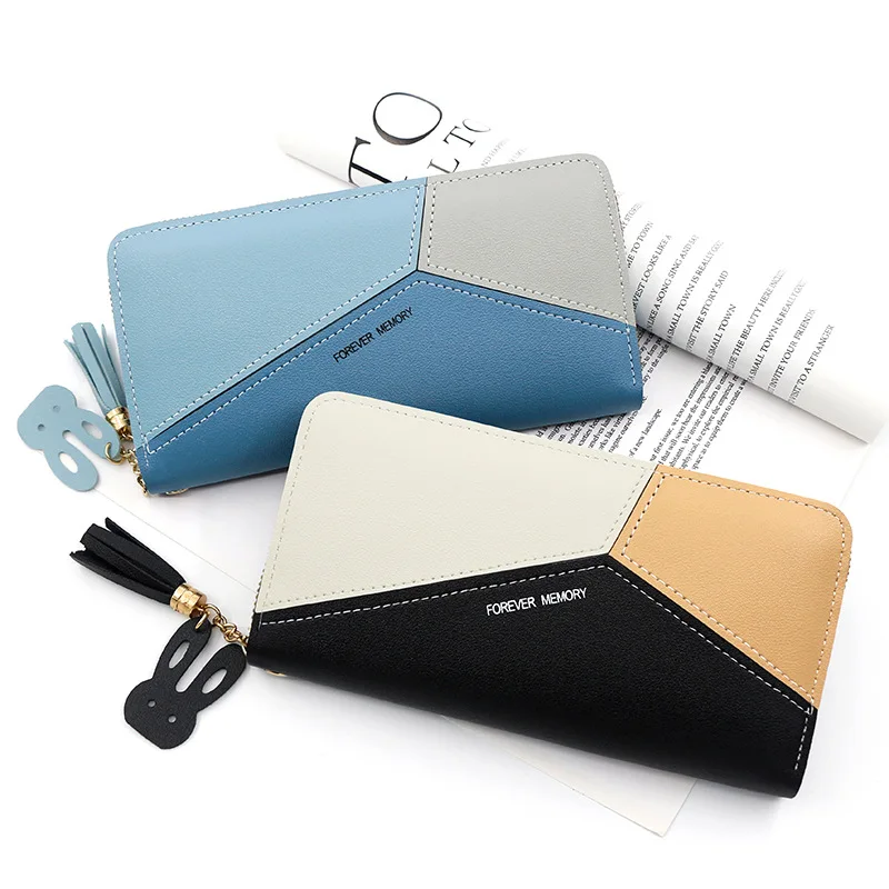 

New Women's Handbag Purse Women's Long Color Contrast Splicing Zipper Fringe Large Capacity Wallet Mobile Phone Bag