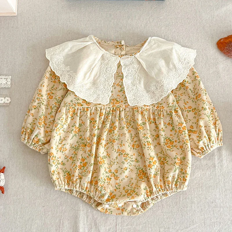 

2024 New Spring Autumn Children Clothes Toddler Baby Girls Romper Long Sleeved Corduroy Print Splicing Infant Baby Jumpsuit