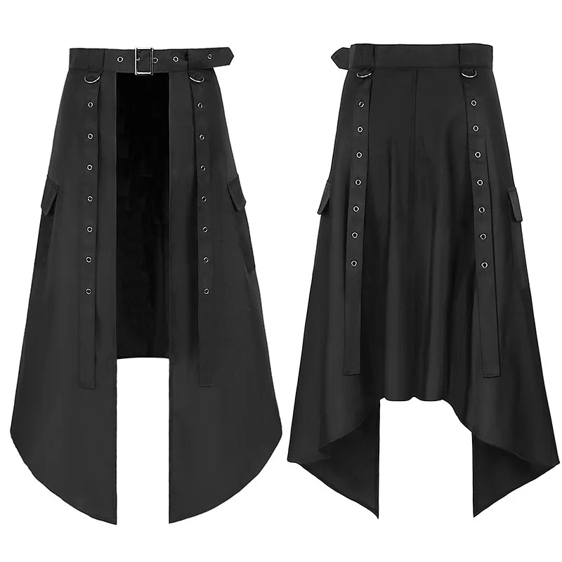 

Новая Готическая Асимметричная юбка для мужчин, черная плиссированная двубортная длинная юбка с высокой талией в стиле стимпанк-рок, костюм для вечеринки на Хэллоуин
