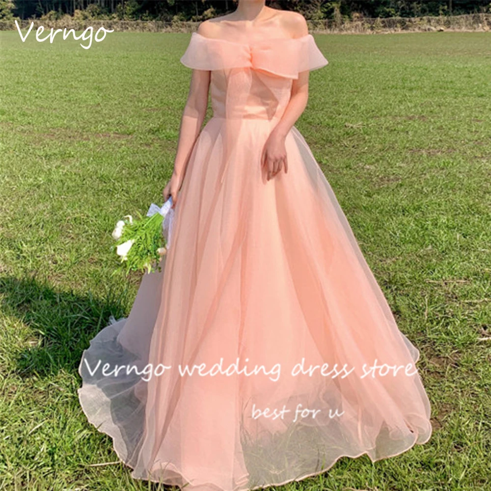 

Verngo Elegant Blush Pink Organza Evening Prom Dress Korea Femme Off the Shoulder Sleeves Bow White Bride Formal Party Gowns