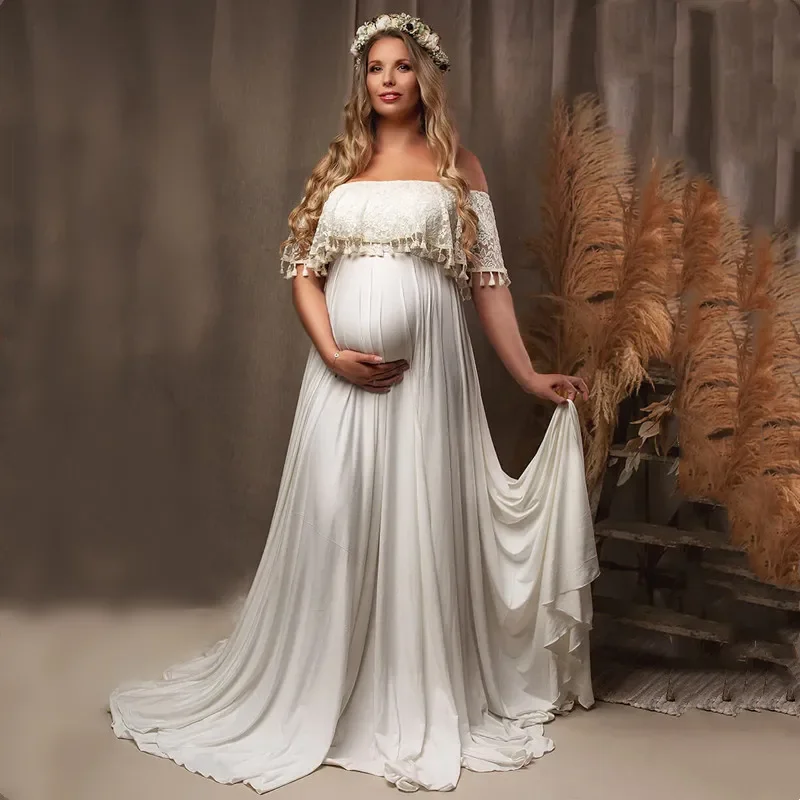 

Slash Neck Boho Maternity Photo Shoot Long Dresses Jersey Ruffles Maternity Lace Photography Maxi Gown