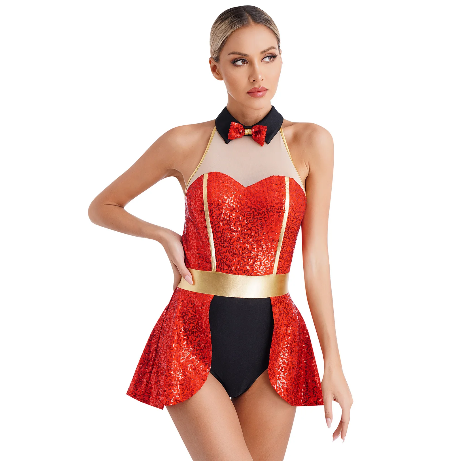 

Womens Circus Ringmaster Cosplay Costume Leotard Dress Sleeveless Shiny Sequin Skirted Bodysuit One Piece Ice Skating Dresses