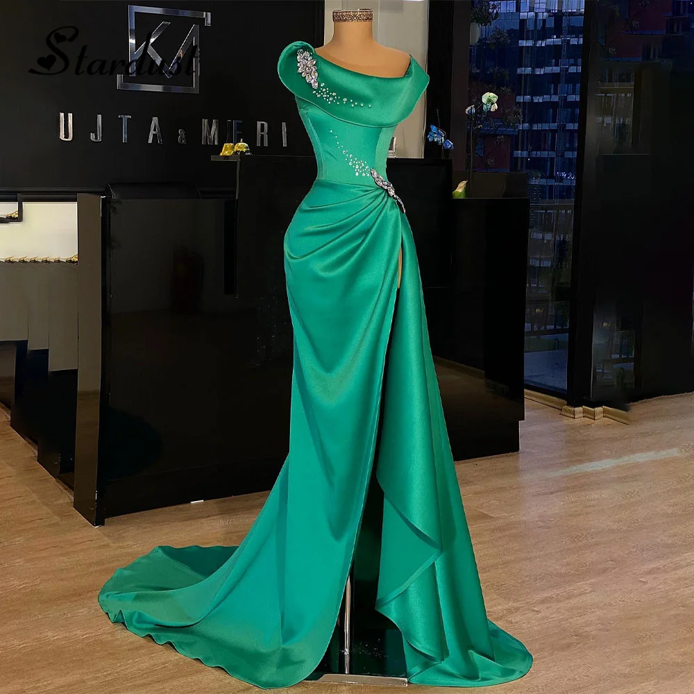 

Stardust Charming Straight Evening Dresses Bateau Neck Diamonds Ruched Formal Occasion Slit Vestido de Formatura Made To Order