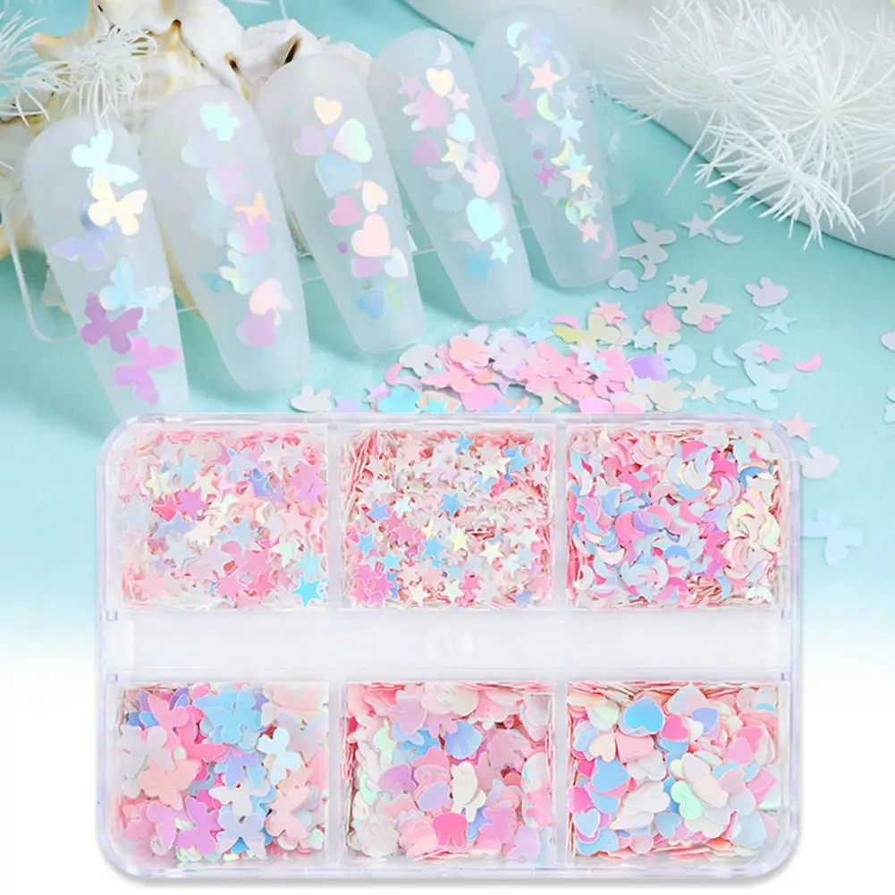 3D Nail Glitter Sequins 6 Grids Star Moon Butterfly Bunny Heart Shape Manicure Accessories Face Body Eyes Make-up Decoration
3D Nail Glitter Sequins 6 Grids Star Moon Butterfly Bunny Heart Shape Manicure Accessories Face Body Eyes Make-up Decoration