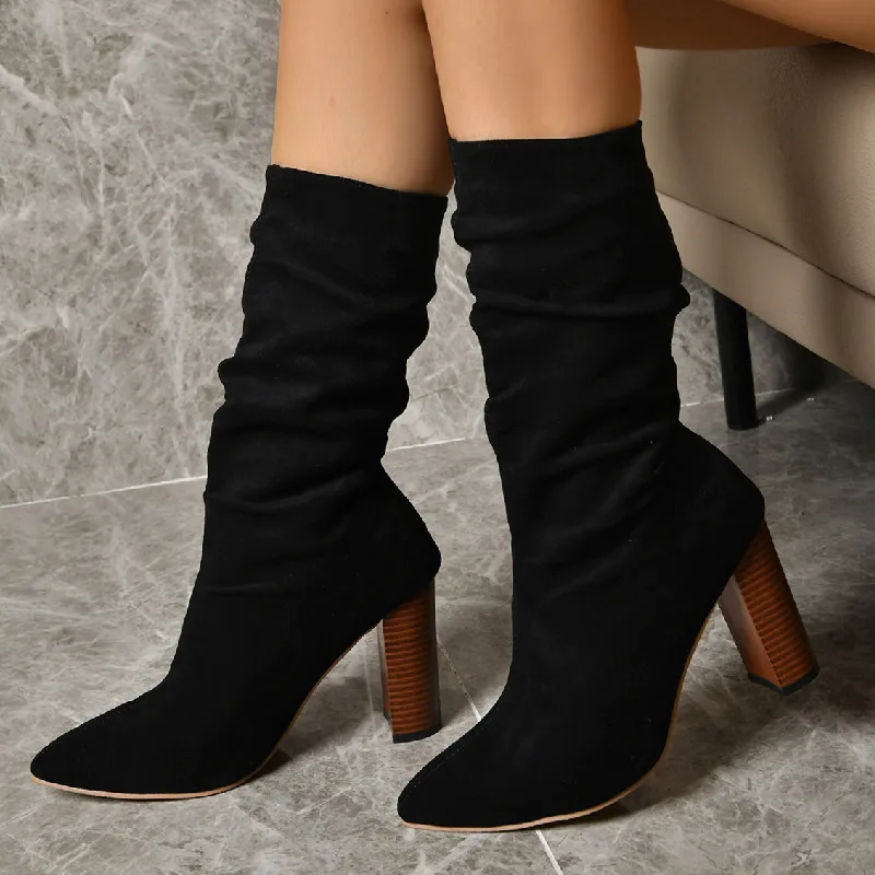 

New Women's Suede Retro Mid Calf Boots Boots Solid Pointed Roman Chunky High Heels Casual Boots Botas De Mujer 2024