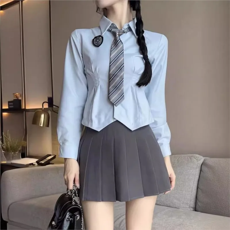 

JK waist up shirt women's long sleeved pleated skirt set School uniform set Japanese college style slim fit outfits cos costume