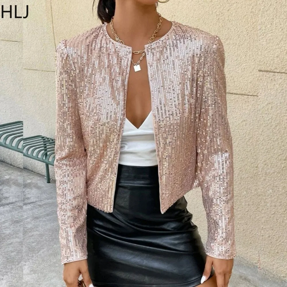 

HLJ Fashion Sequin Stand Collar Splicing Crop Coats Women Sparkling Long Sleeve Slim Party Club Jacket Female Solid Matching Top