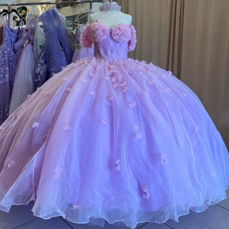 

Lavender Sweetheart Ball Gown Quinceanera Dress Corset Flower Beading Sequins Tull Sweet 16 Dress Vestidos De XV 15 Anos