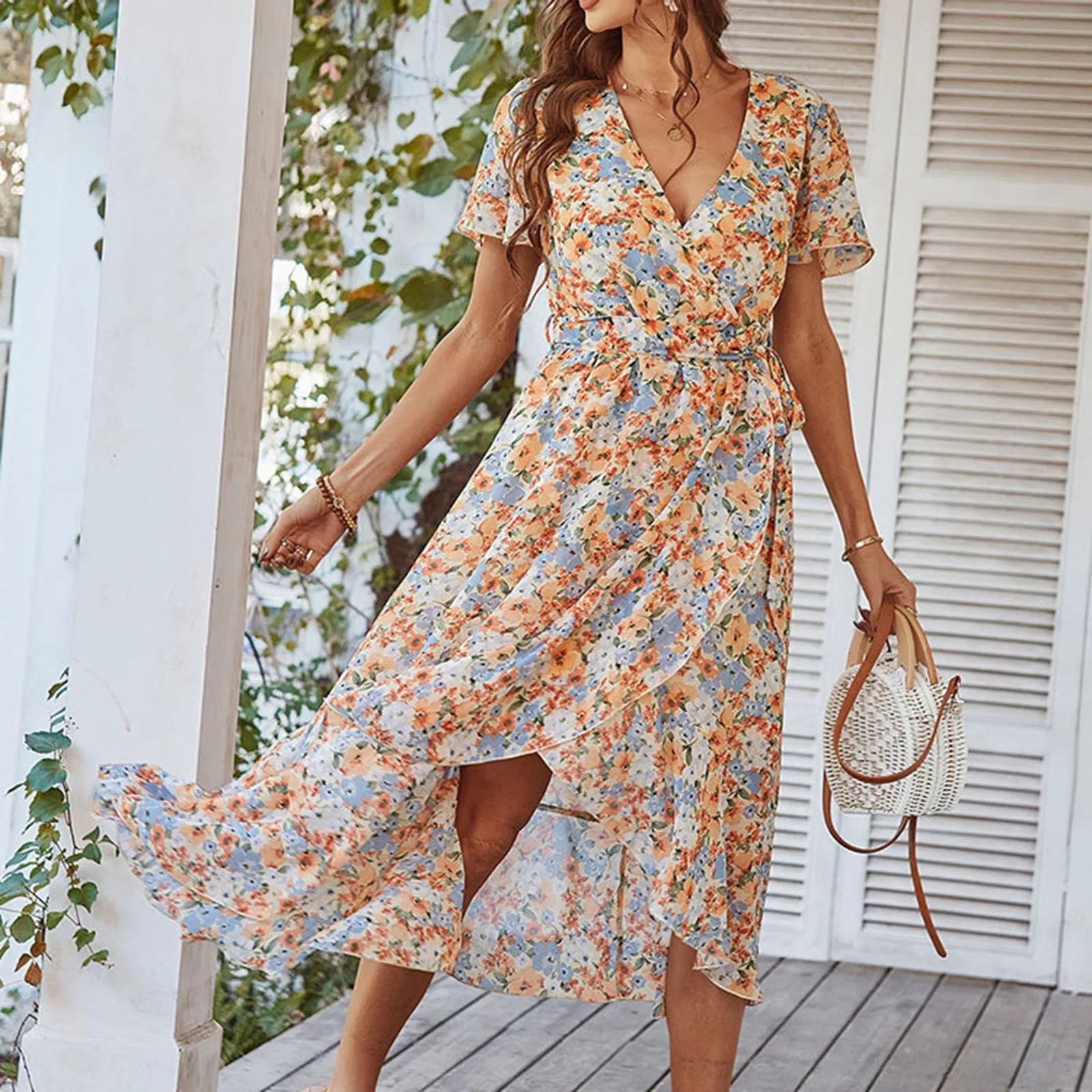 

Women's Floral Print Boho Style Dress Wrap V Neck Short Sleeve Ruffle Belted A Line Flowy Maxi Dresses Women Long Casual Dresses