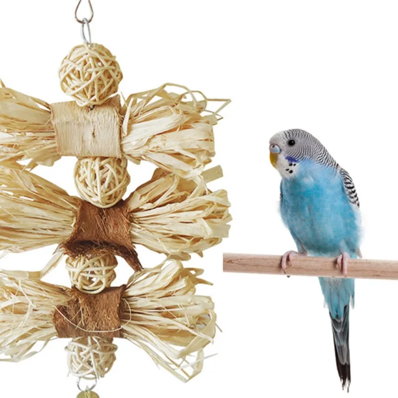 

Bird Parrot Toy Wooden Raffia Grass Birds Chew Bite Hanging Cage Swing Climb Chew Toys With Bell Natural Loofah Vine Parrot Toys