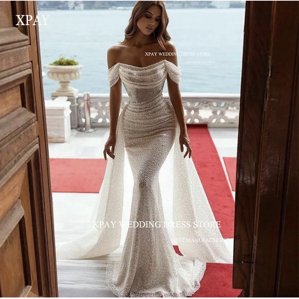 

XPAY Sexy Glitter Mermaid Wedding Dresses Off the Shoulder Sleeves Detachable Train Glitter Bridal Gowns Dubai Arabic Women