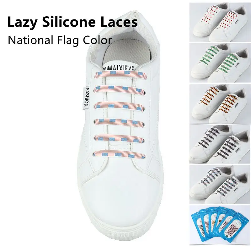 

16Pcs/Set Unisex Silicone Elastic Laces Sneakers Shoelaces National Flag Color Printing Kids Adult Quick Shoelace Without Ties