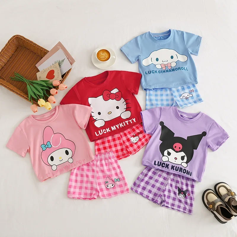 

Sanrio Summer Kids Suit Kuromi Cinnamoroll Hello Kitty My Melody Pajamas Kawaii Girl Pants Clothes Set Anime Children Nightgown