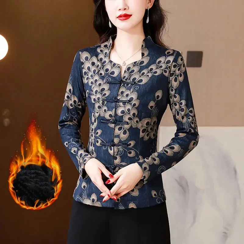 

Cheongsam Women's Plus Size Short Tops 2024 Cotton Blend Prints Stand Collar Chinese Style Thickening Qipao Skinny Shirts Woman