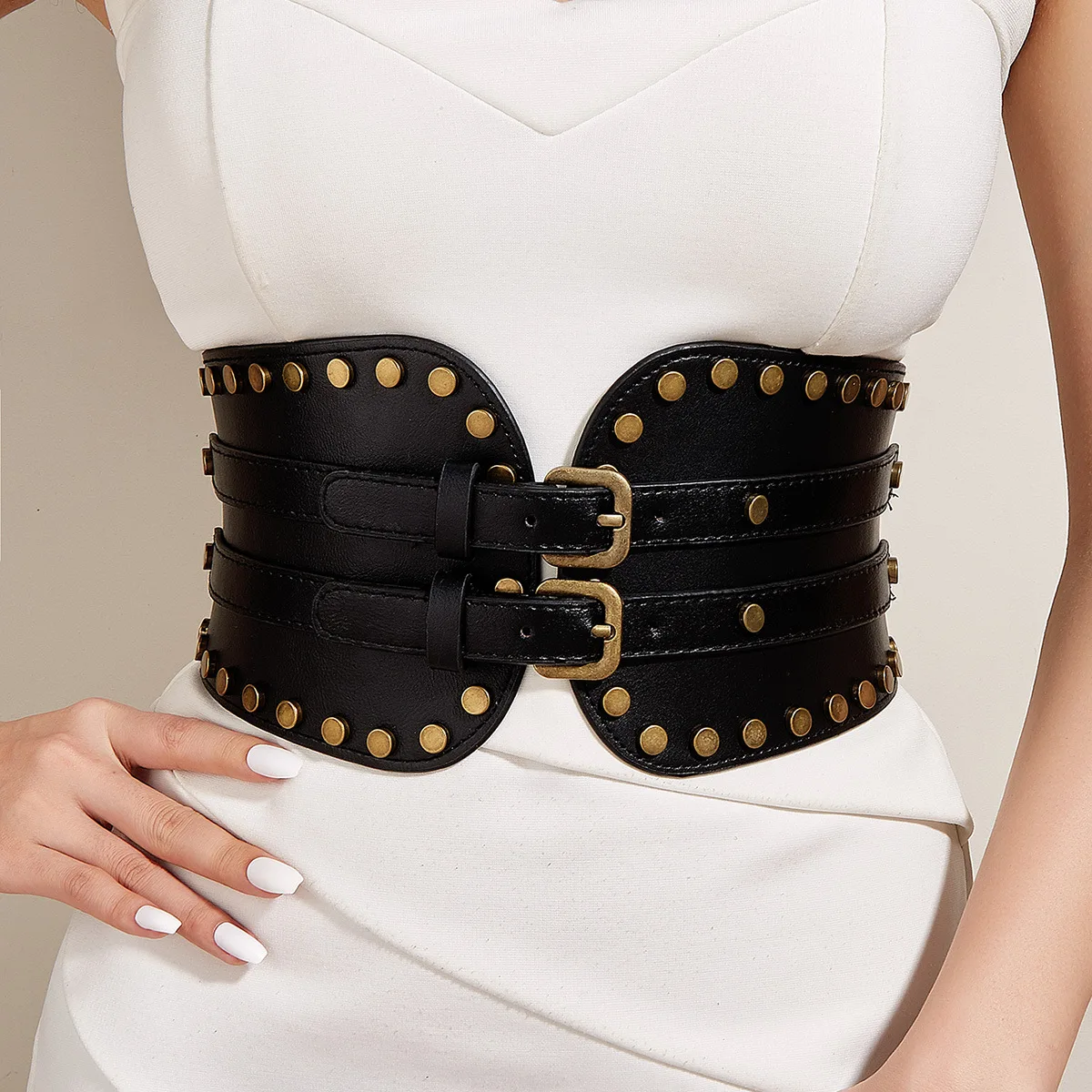 

Fashion Wide Belt Metal Buckle Elastic Waistband Leather Rivet Ultra Wide Belt Chain Belt Corset Belt for Women Dress Girdle