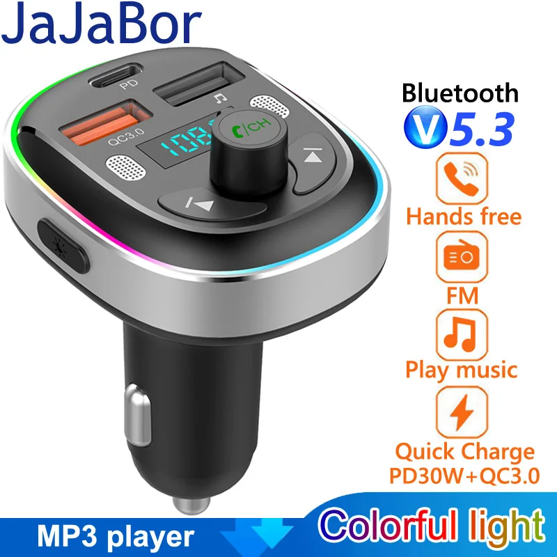 

JaJaBor FM Transmitter Car MP3 Player Colorful Light QC3.0 Usb PD 30W Fast Charging Handsfree Bluetooth 5.0 Car Kit FM Modulator