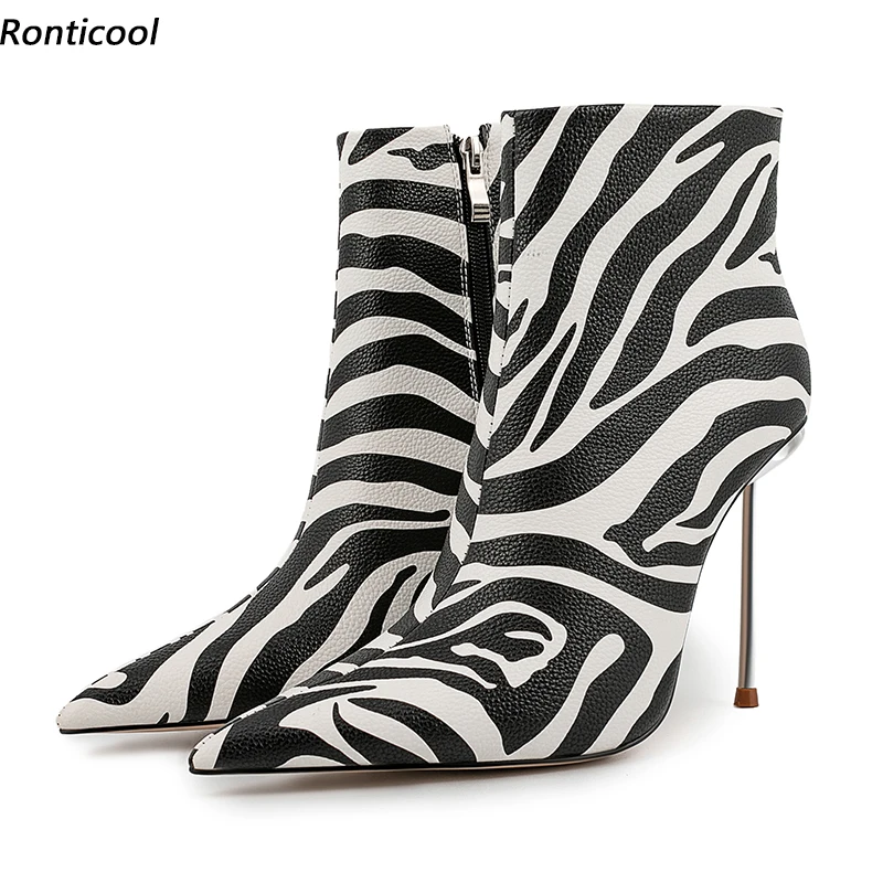 

Женские зимние ботильоны Ronticool с принтом зебры, привлекательные туфли на шпильках с металлическим каблуком и острым носком, красивые женские ботинки, американские размеры 3-13