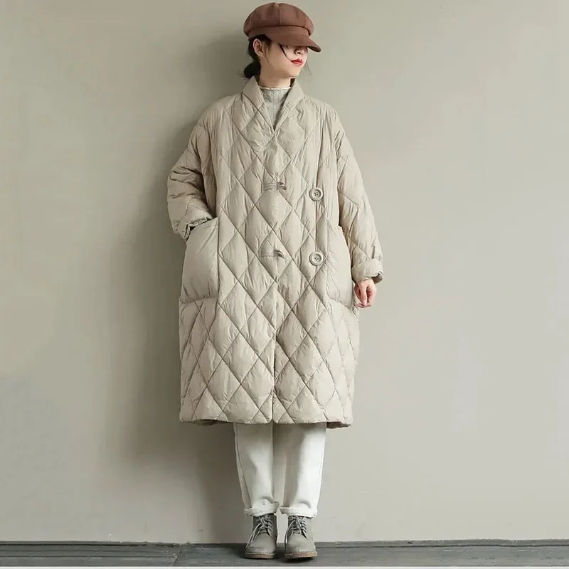 

Винтажные дизайнерские хлопковые куртки, Элегантные зимние парки, Свободное длинное пуховое пальто с V-образным вырезом для женщин, большие размеры, зимняя теплая пышная куртка