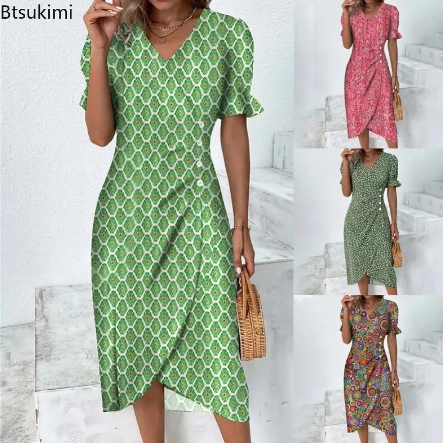 New 2023 Women's Boho Dresses Elegant Floral Print Puff Sleeve Party Dress Ladies V-neck Button Draped Irregular A-line Dress
New 2023 Women's Boho Dresses Elegant Floral Print Puff Sleeve Party Dress Ladies V-neck Button Draped Irregular A-line Dress