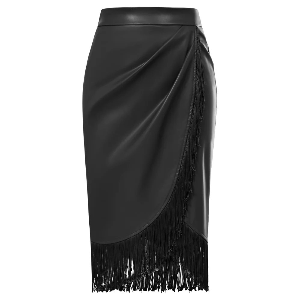 

Belle Poque Women's Fringe Bodycon Leather Skirt With Slit Knee Length Pencil Skirt Office Lady Workwear Hight Waist Skirts A30