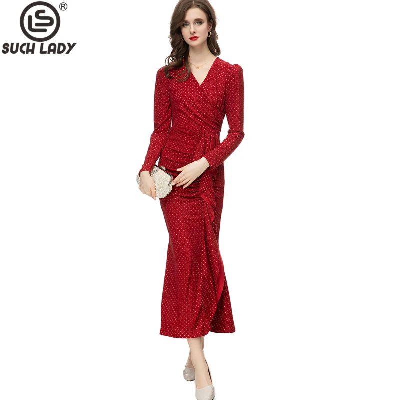 

Women's Runway Dresses V Neck Long Sleeves Dots Printed Ruffles Sheath High Street Designer Casual Vestidos