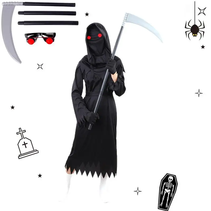 

Grim Reaper Costume Kids Scary Halloween Ghost Hooded Cape Skull Mask Gloves New Creative Unisex Cloak With Glowing Red Eyes