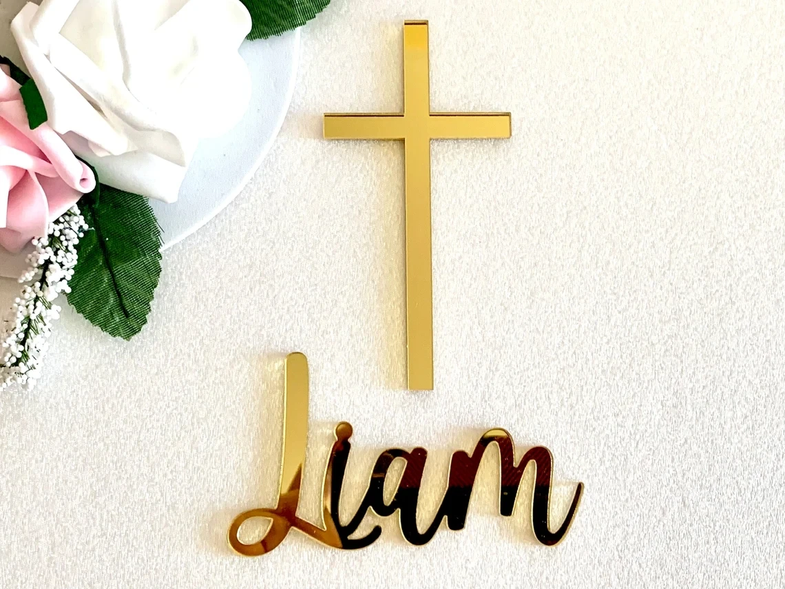 

Personalized Name Cake Charm & Cross Custom Christening Cake Topper Baptism Decor Laser Cut Name Cake Plaque Mirror Acrylic