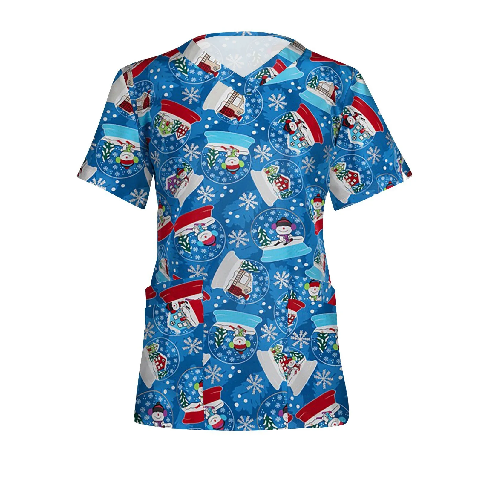 

Униформа медсестры с рождественским принтом, с коротким рукавом и V-образным вырезом, скрабы, рабочая медицинская блузка, комбинезоны, униформа для медсестер