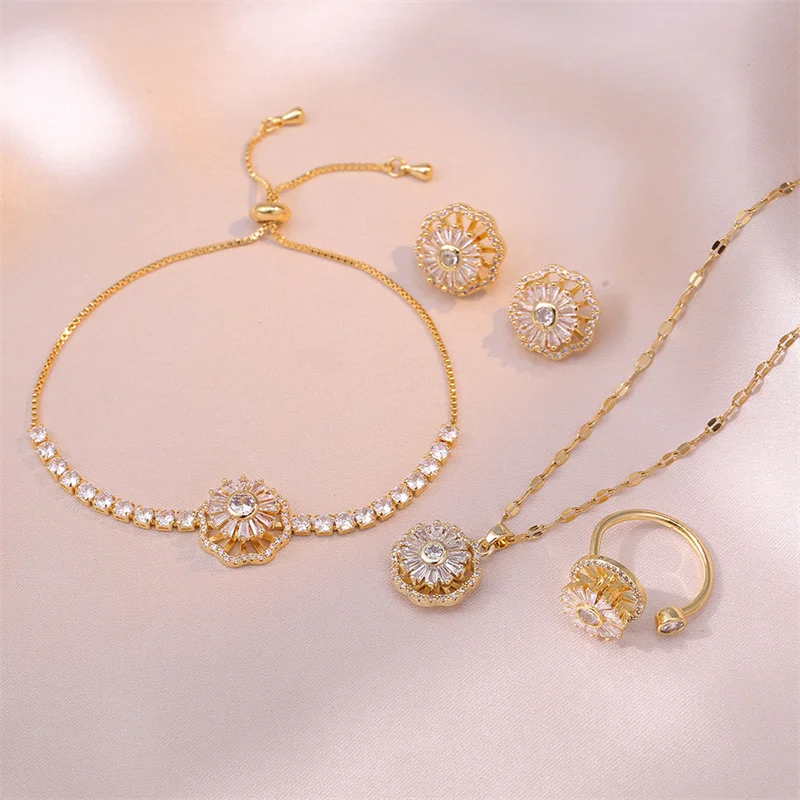 

Five Piece Set of Titanium Steel Flower Pendant Necklace Inlaid Zircon Rotation Collarbone Chain for Women Fashion Jewelry