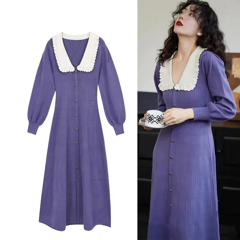 Designer Autumn Winter Purple Knitted Long Dress Vintage Women Single Breasted White Doll Collar Lantern Sleeve Sweater Vestidos
Designer Autumn Winter Purple Knitted Long Dress Vintage Women Single Breasted White Doll Collar Lantern Sleeve Sweater Vestidos