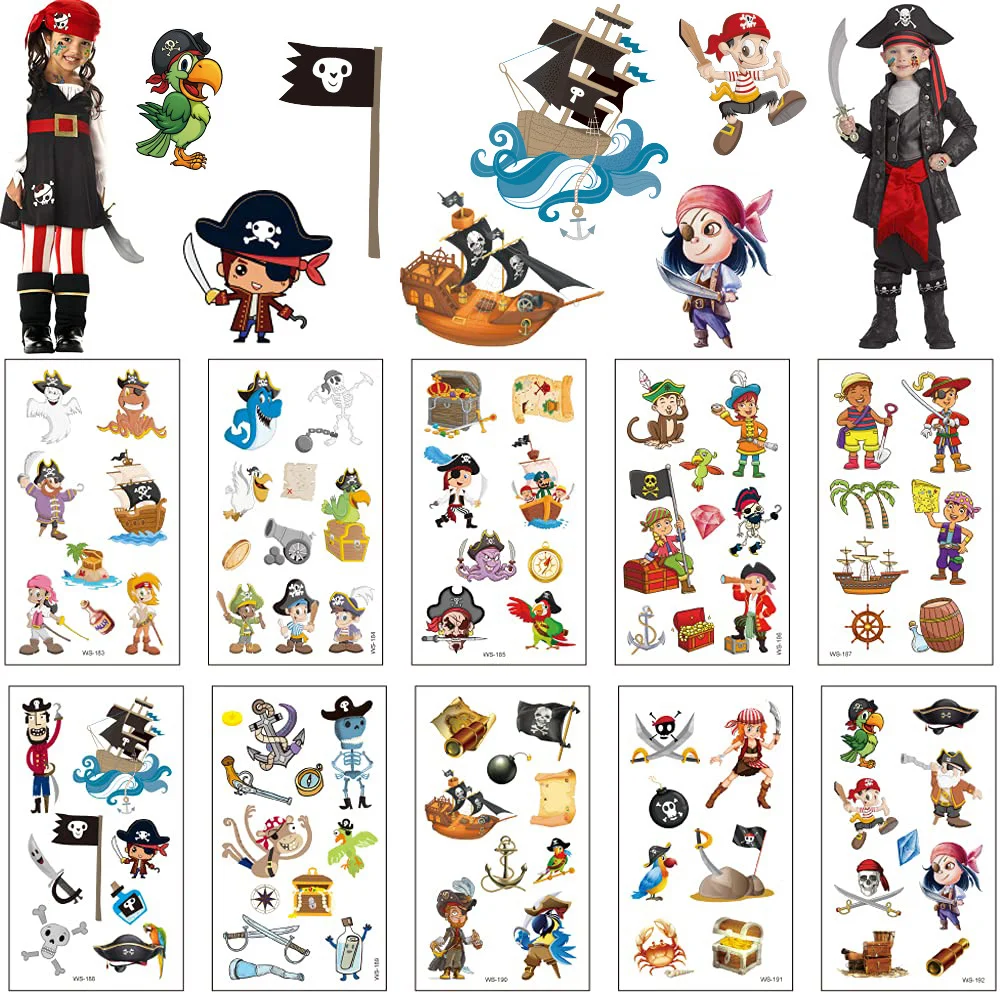 

10 Sheets Pirate Tattoos Cartoon Temporary Tattoos Girls Boys Party Bag Filler Kids Birthday Gift Pirate Party Favors Supplies