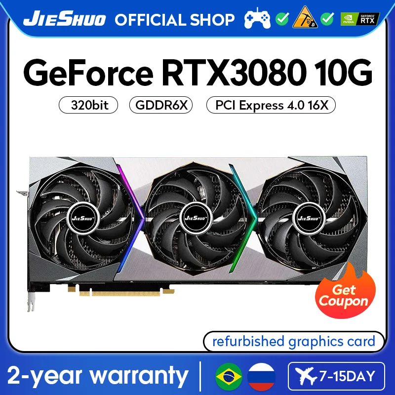 

JIESHUO NVIDIA RTX 3080 10GB Three-fan Gaming Graphics Card GDDR6X 8704 GPU 320bit RTX3080 10G Desktop Video Office 30 Series AI